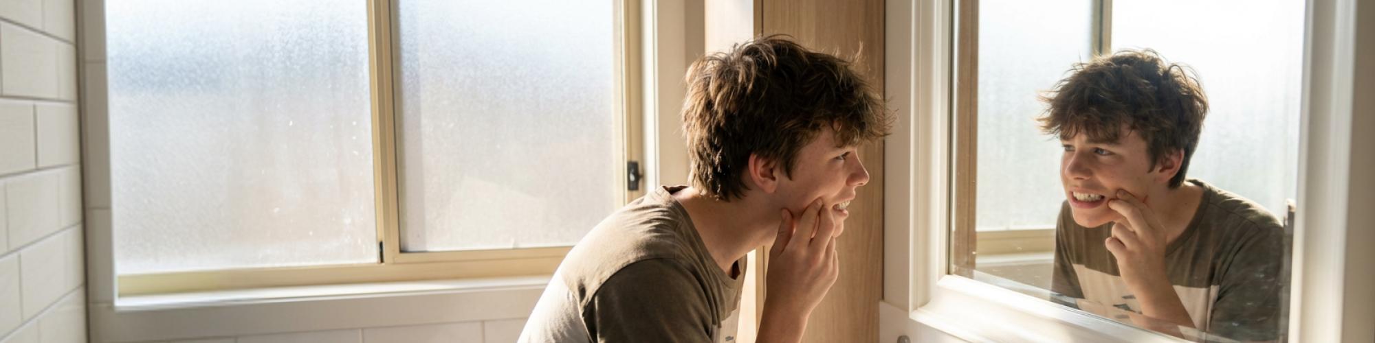 Man looking in mirror at his teeth.